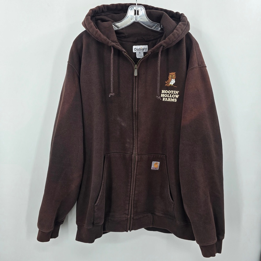 Carhartt Mens XL Brown Full Zip Hoodie Hootin Hollow Farms Owl Graphic Workwear